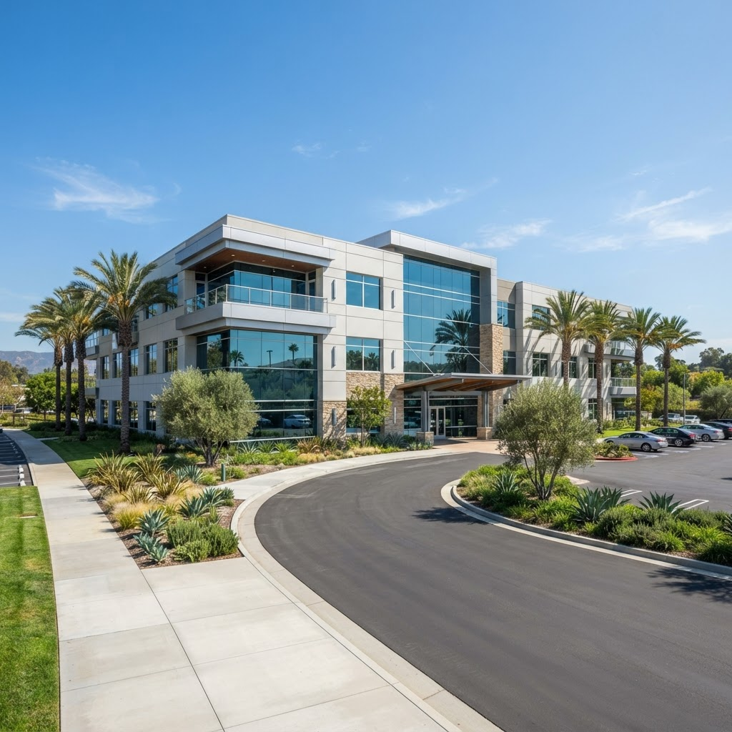 Modern commercial office building exterior with well maintained landscaping
