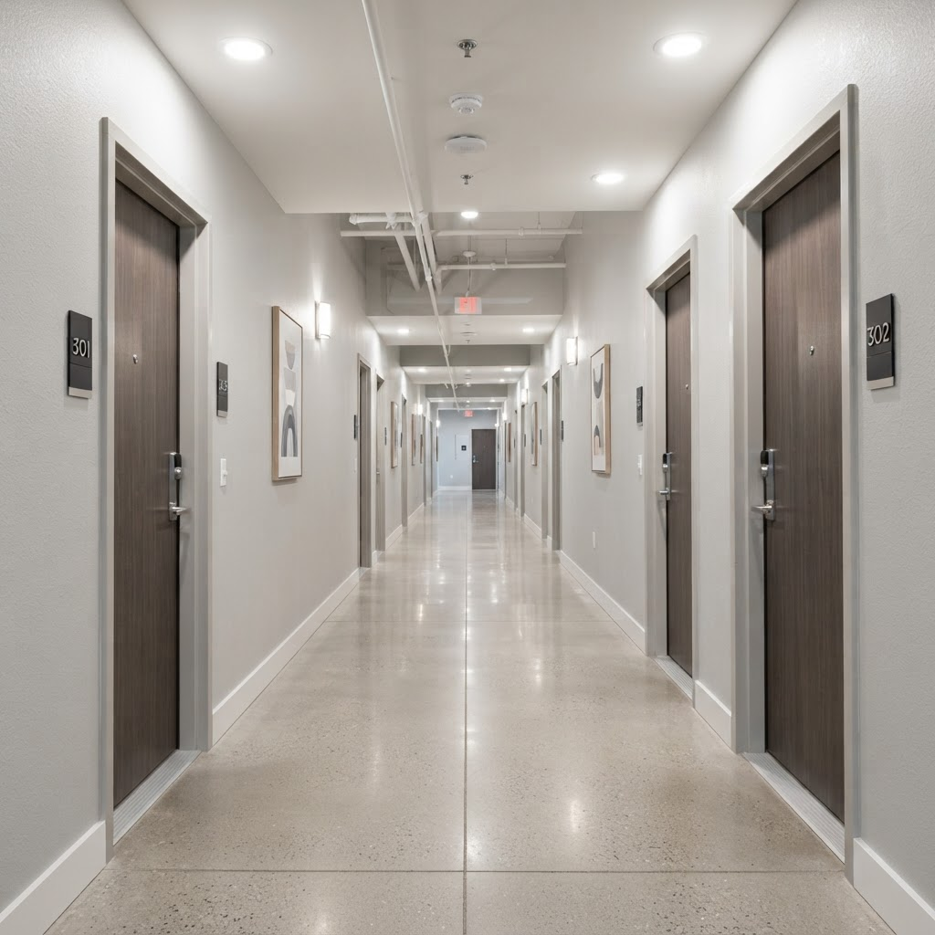 Bright, clean apartment community hallway in a multifamily residential building
