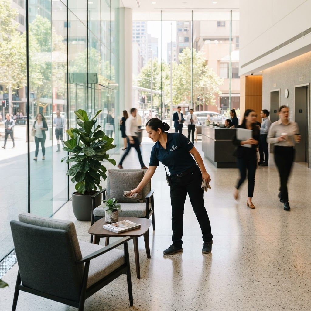 Professional day porter tidying a bright, occupied commercial lobby during business hours