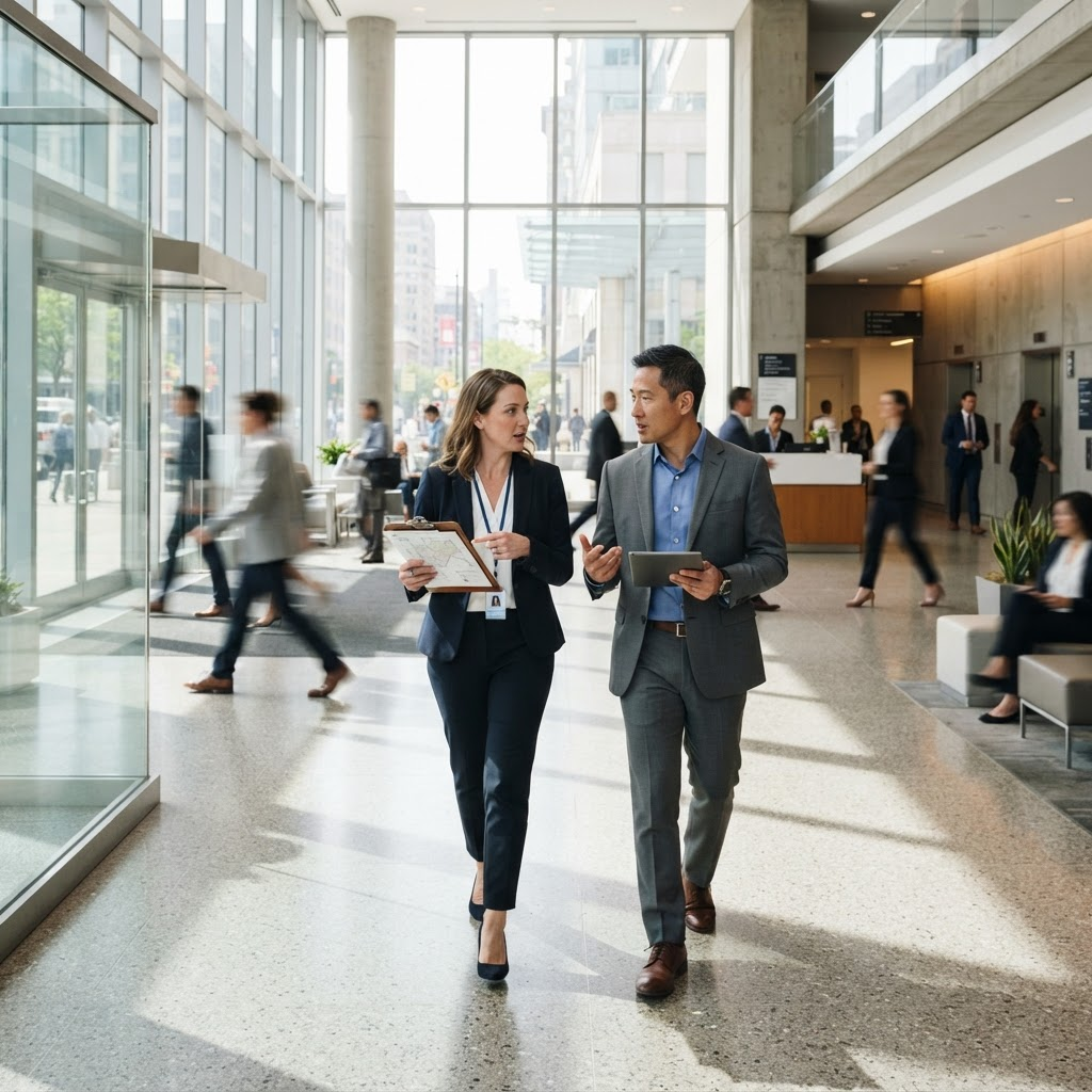 Professionals walking through a busy commercial building lobby discussing traffic patterns