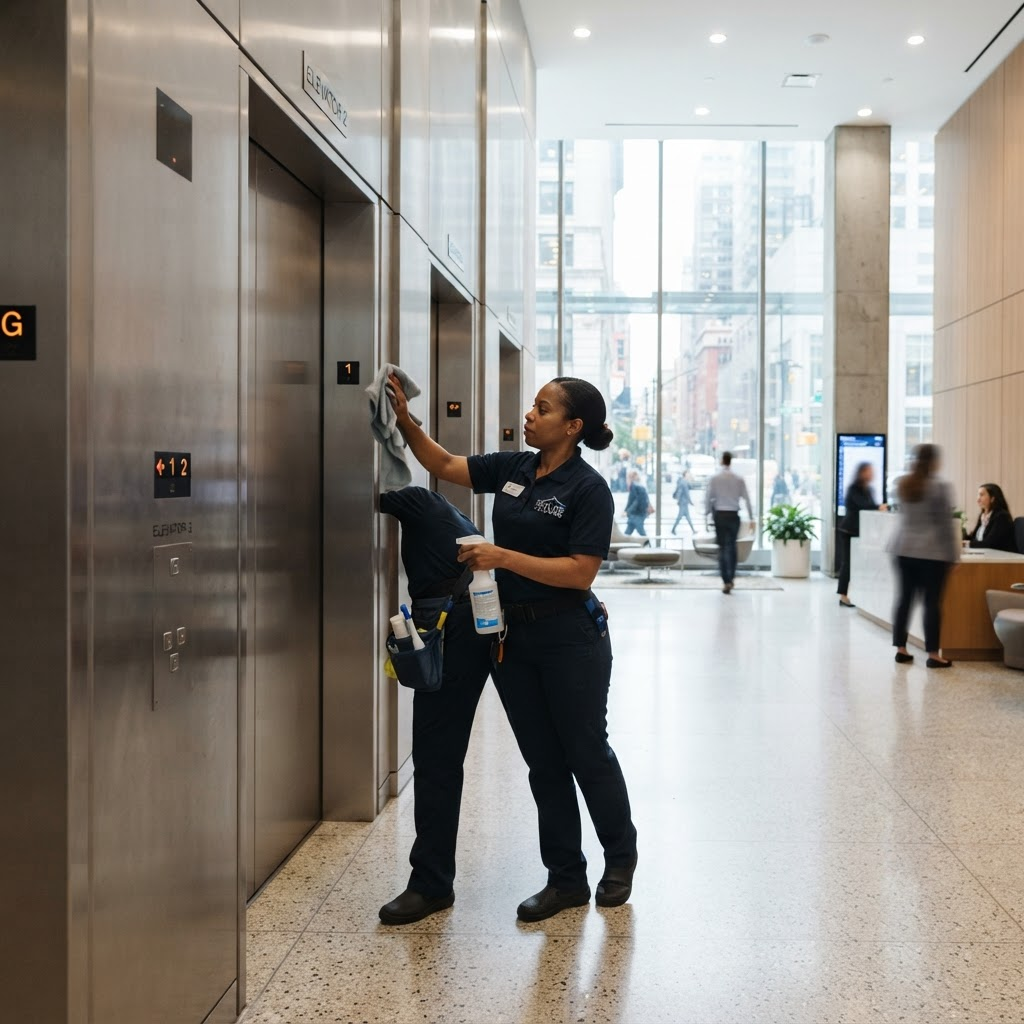Porter wiping down elevator doors in a commercial building lobby during business hours