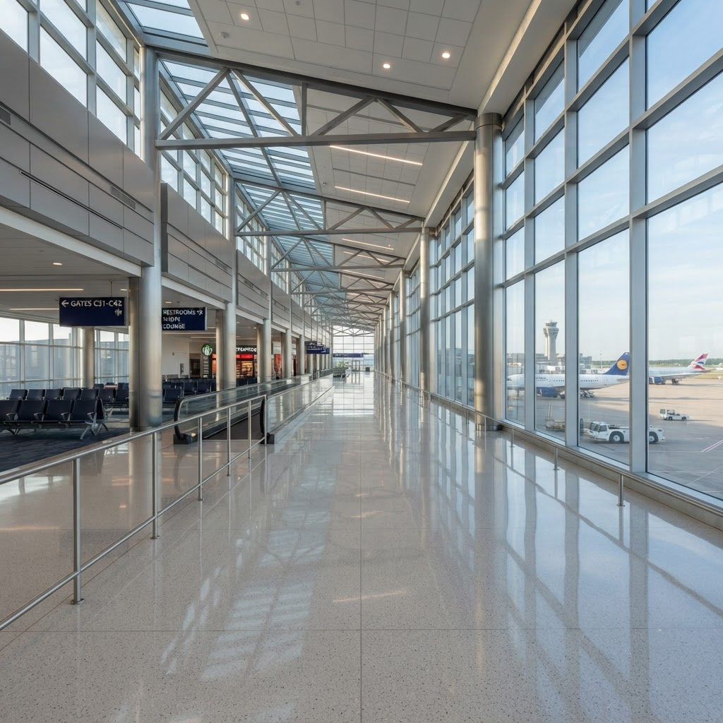 Polished, spacious airport terminal corridor