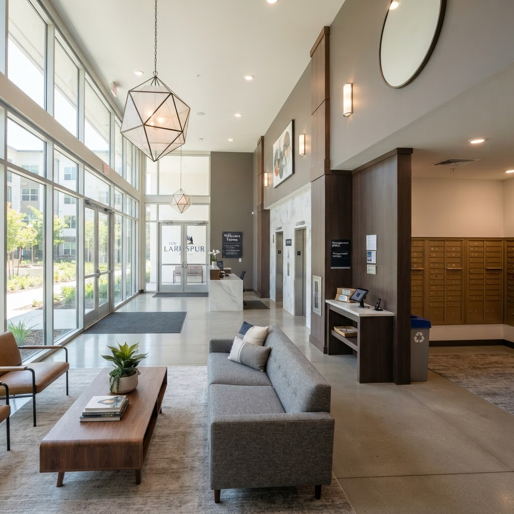 Clean, bright apartment building common area lobby