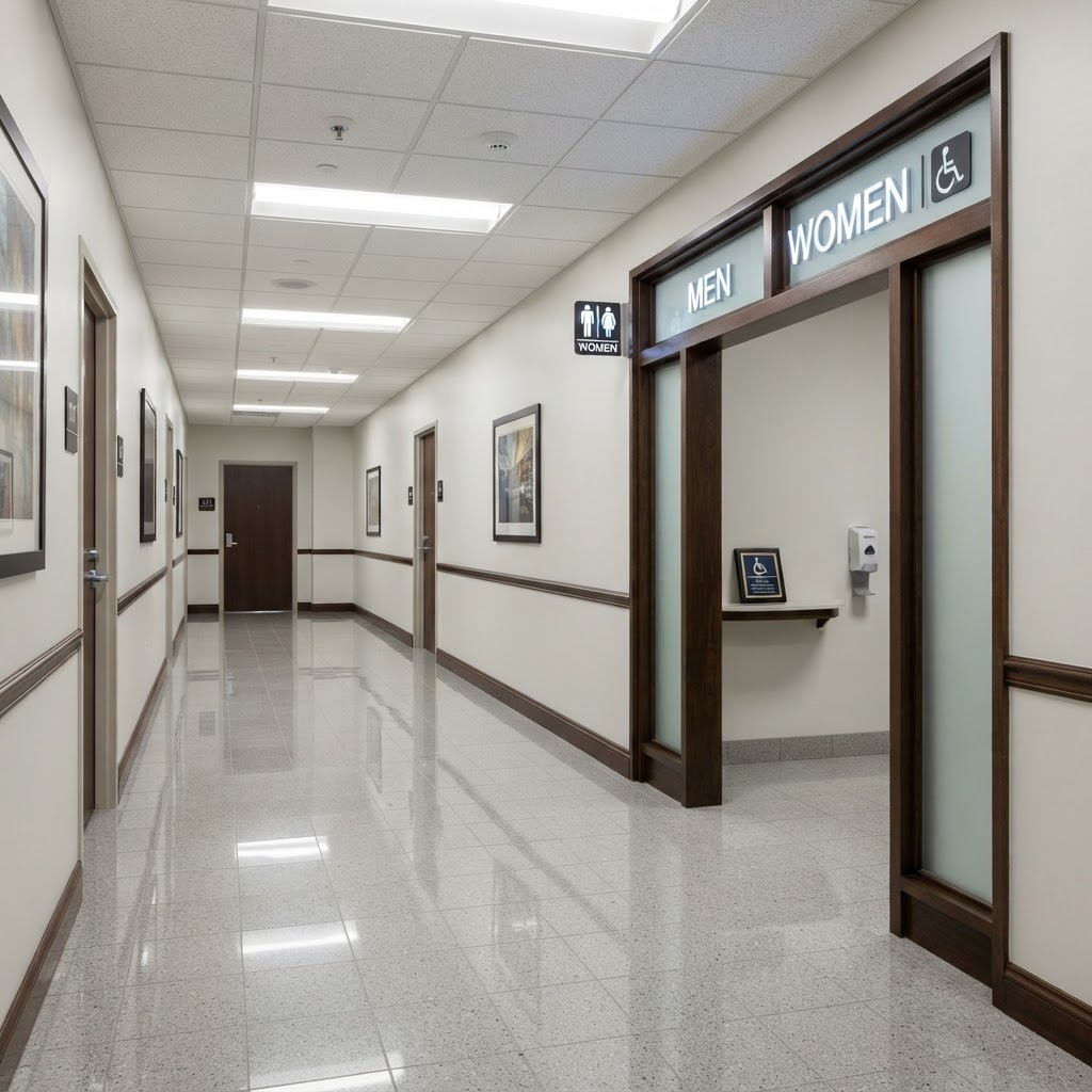 Clean commercial building hallway and restroom entrance