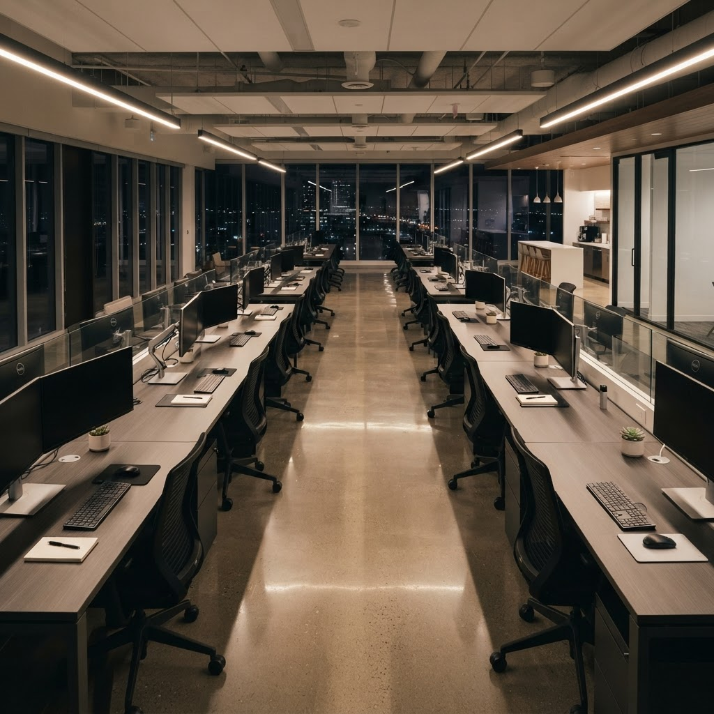 Spotless, empty modern office at night