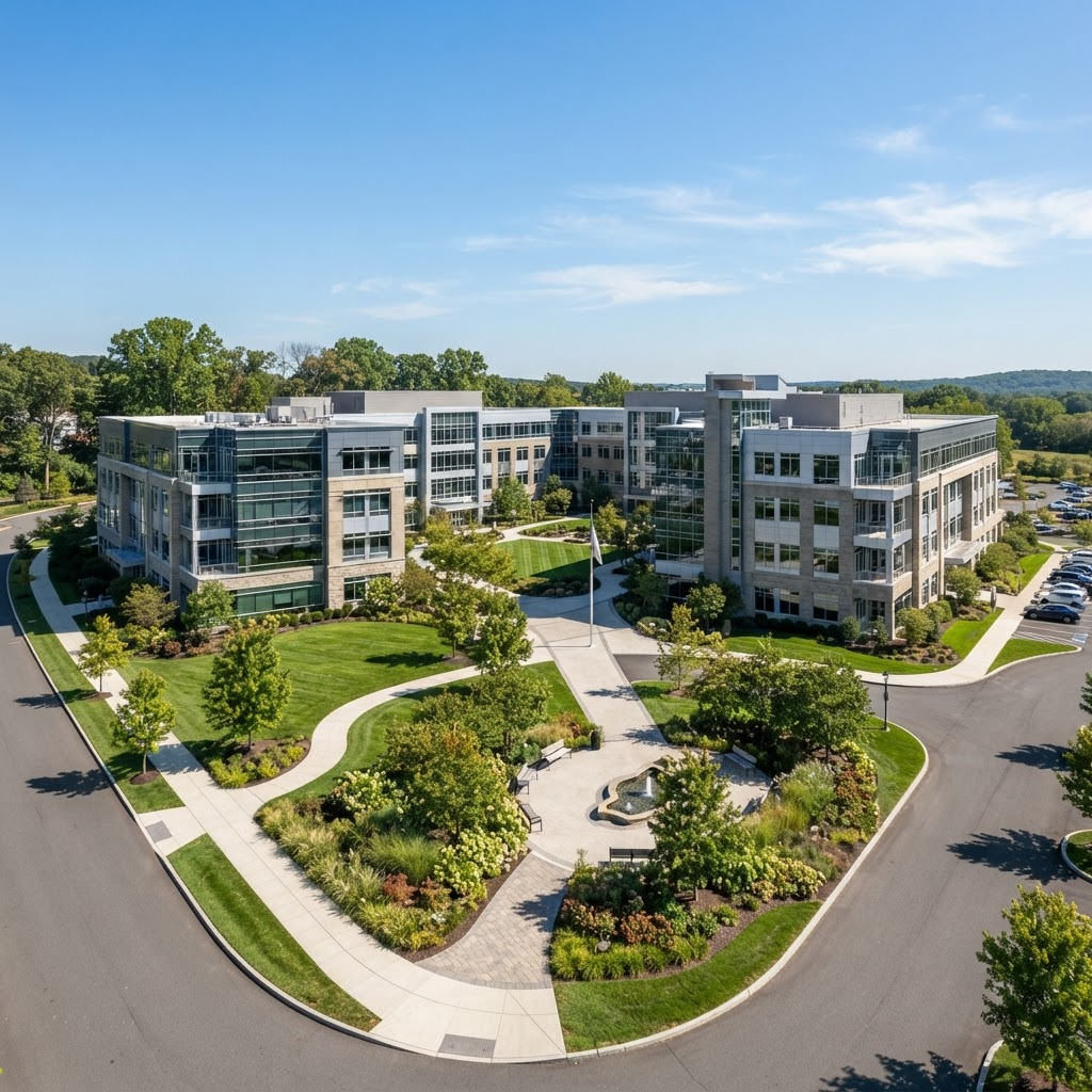 Large multi-tenant commercial building complex with well-maintained grounds