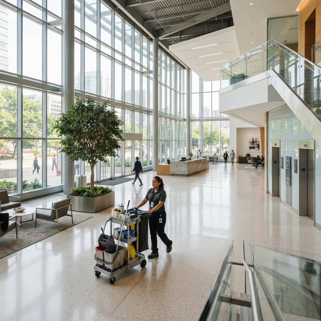 Janitorial staff member with a cleaning cart in a large multi-tenant commercial building lobby