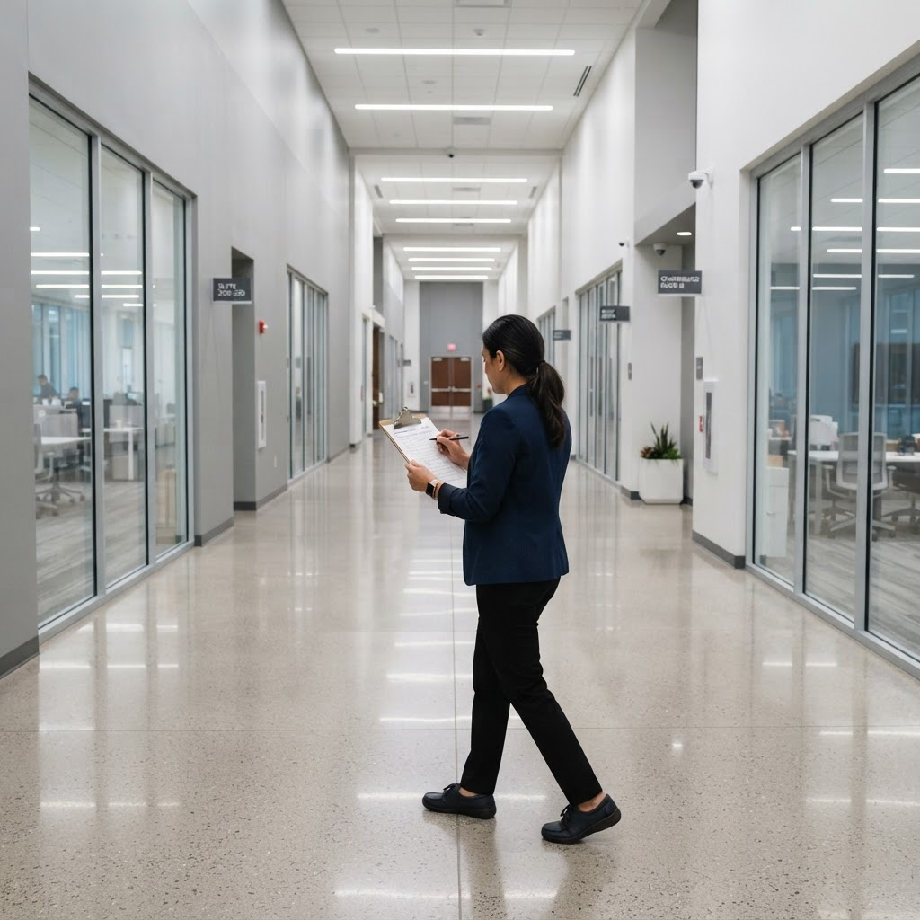 Supervisor inspecting a commercial building corridor against a written standard
