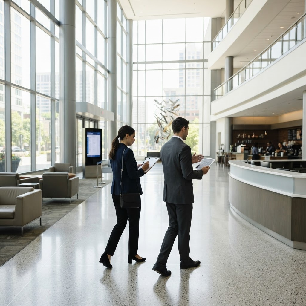Two professionals walking through a large commercial building lobby reviewing a clipboard