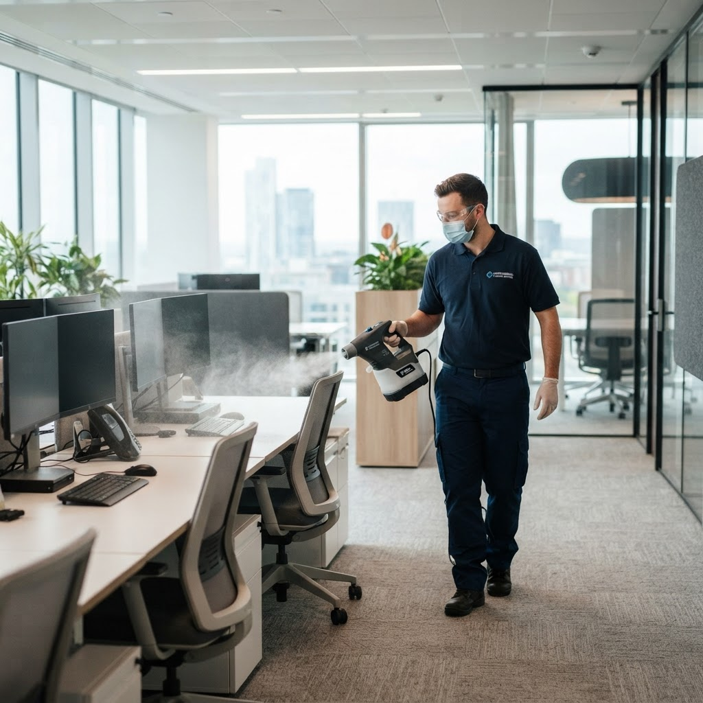 Professional cleaner using an electrostatic disinfectant sprayer in a modern office