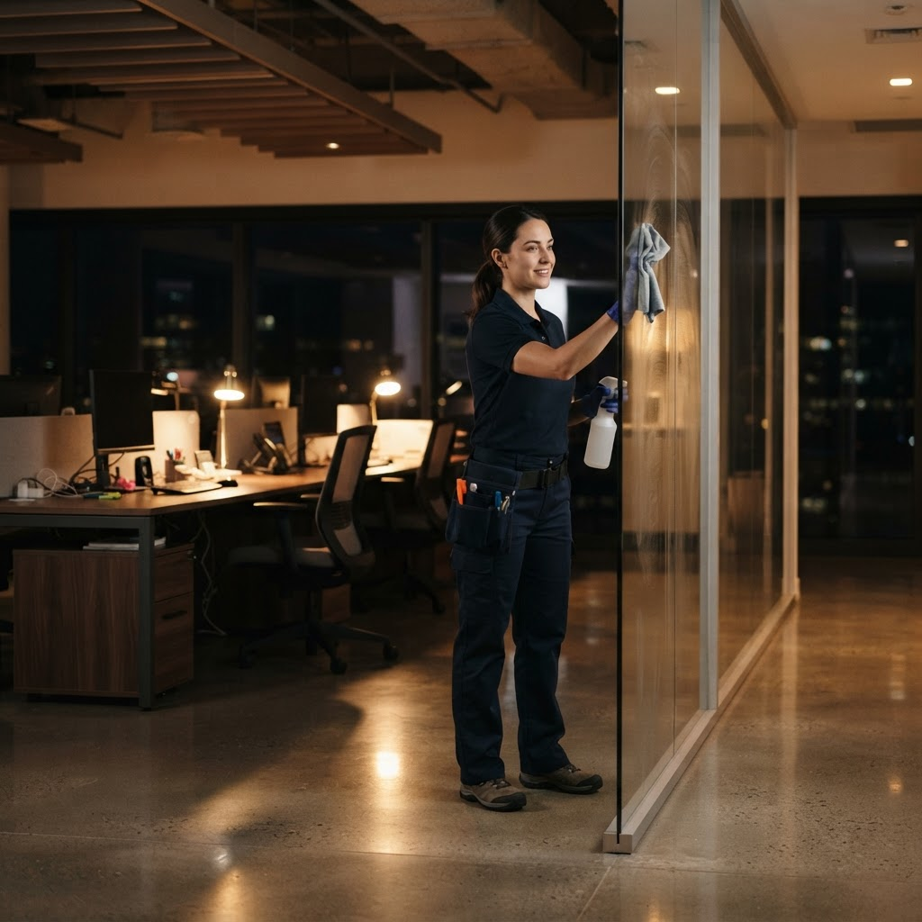 Professional cleaner wiping down a glass office partition at night