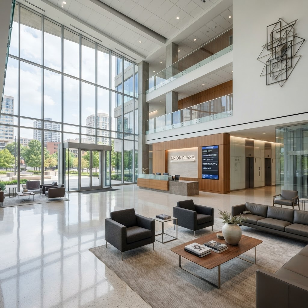 Bright, well-maintained multi-tenant commercial office building lobby