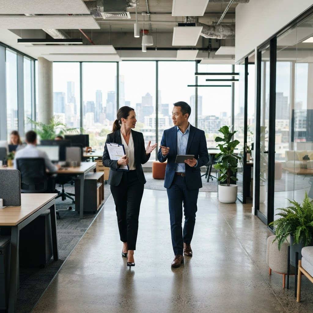 Two professionals walking through a modern commercial office space with a clipboard